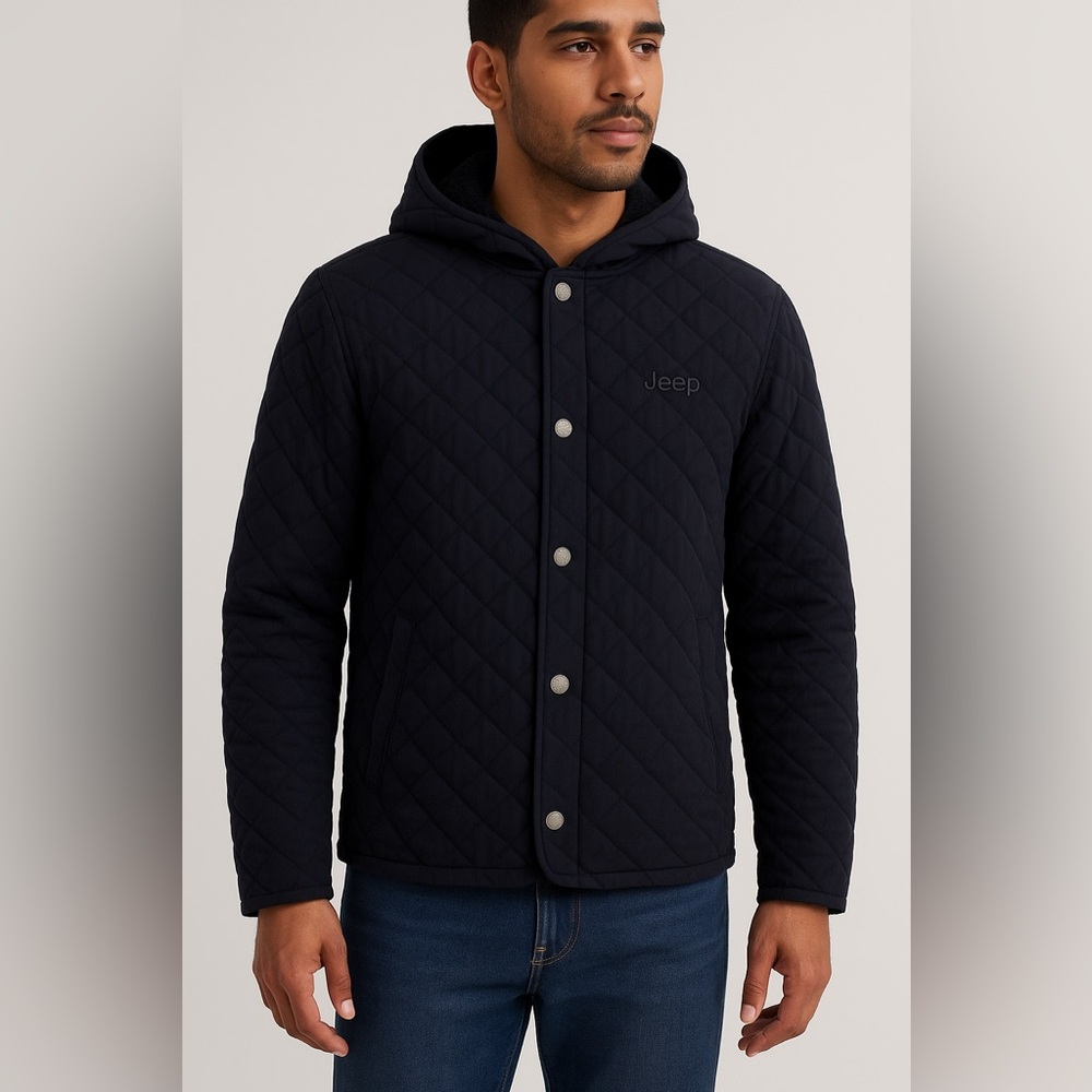 Jeep Navy Blue Quilted Hooded Jacket Fuzzy Soft‎ Lining Size Large Coat Logo VTG